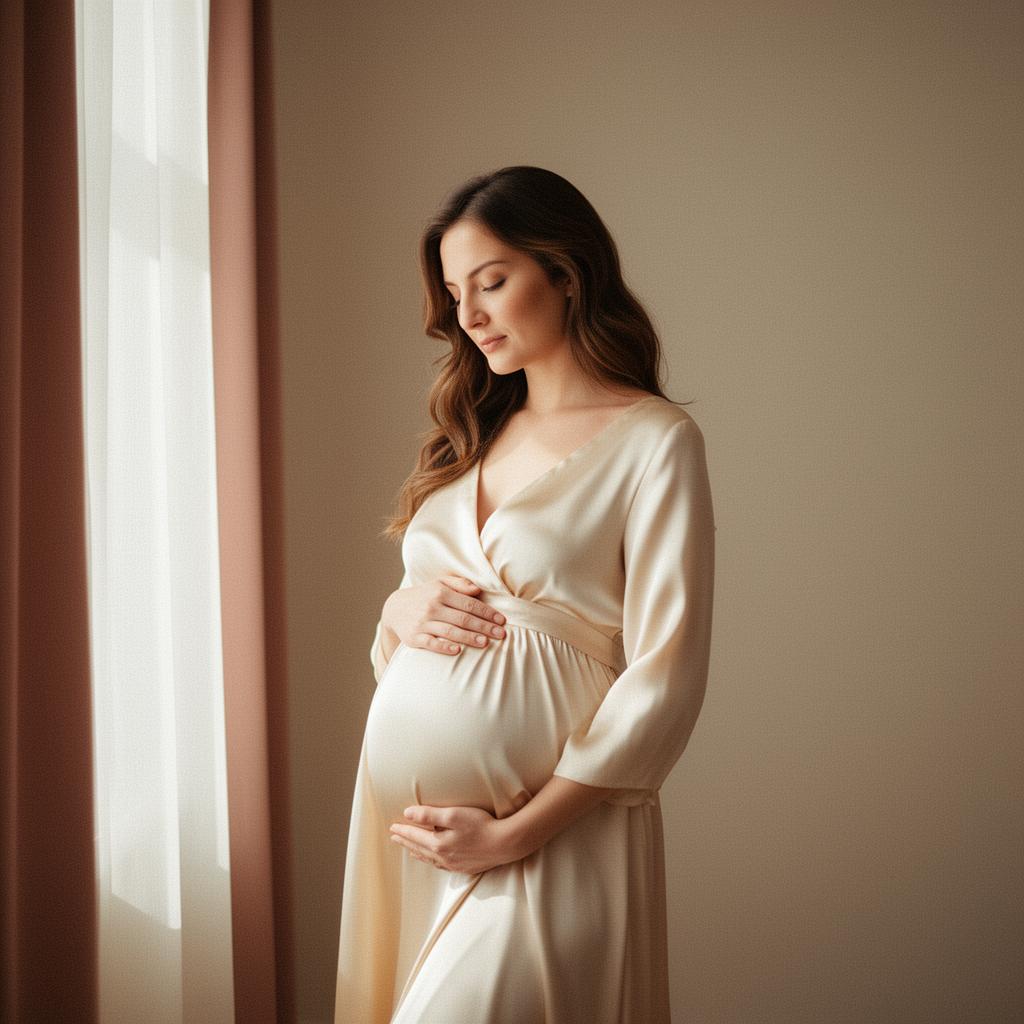 A serene pregnant woman holding her belly in soft window light